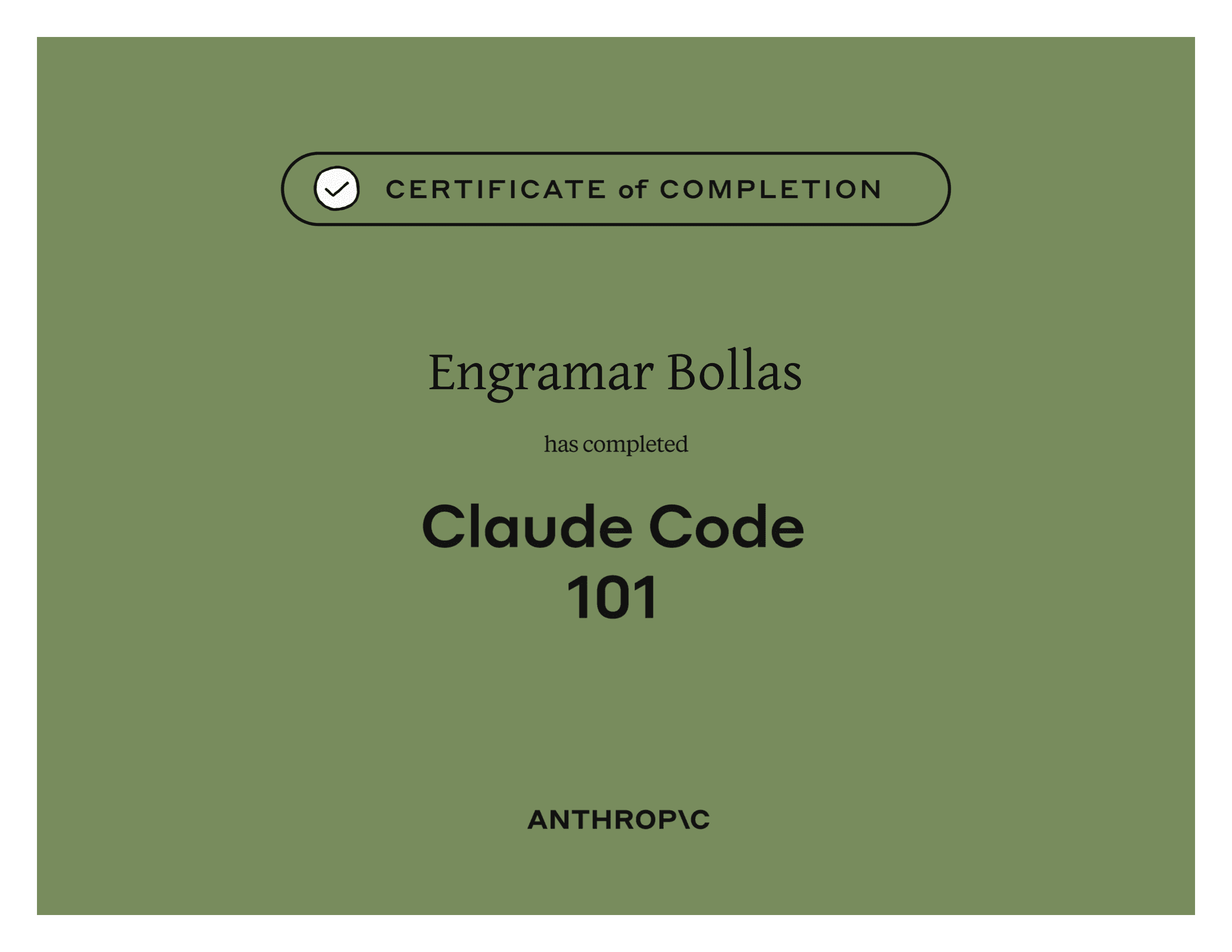 Sample Certificate of Completion for Claude Code 101 from Anthropic Academy