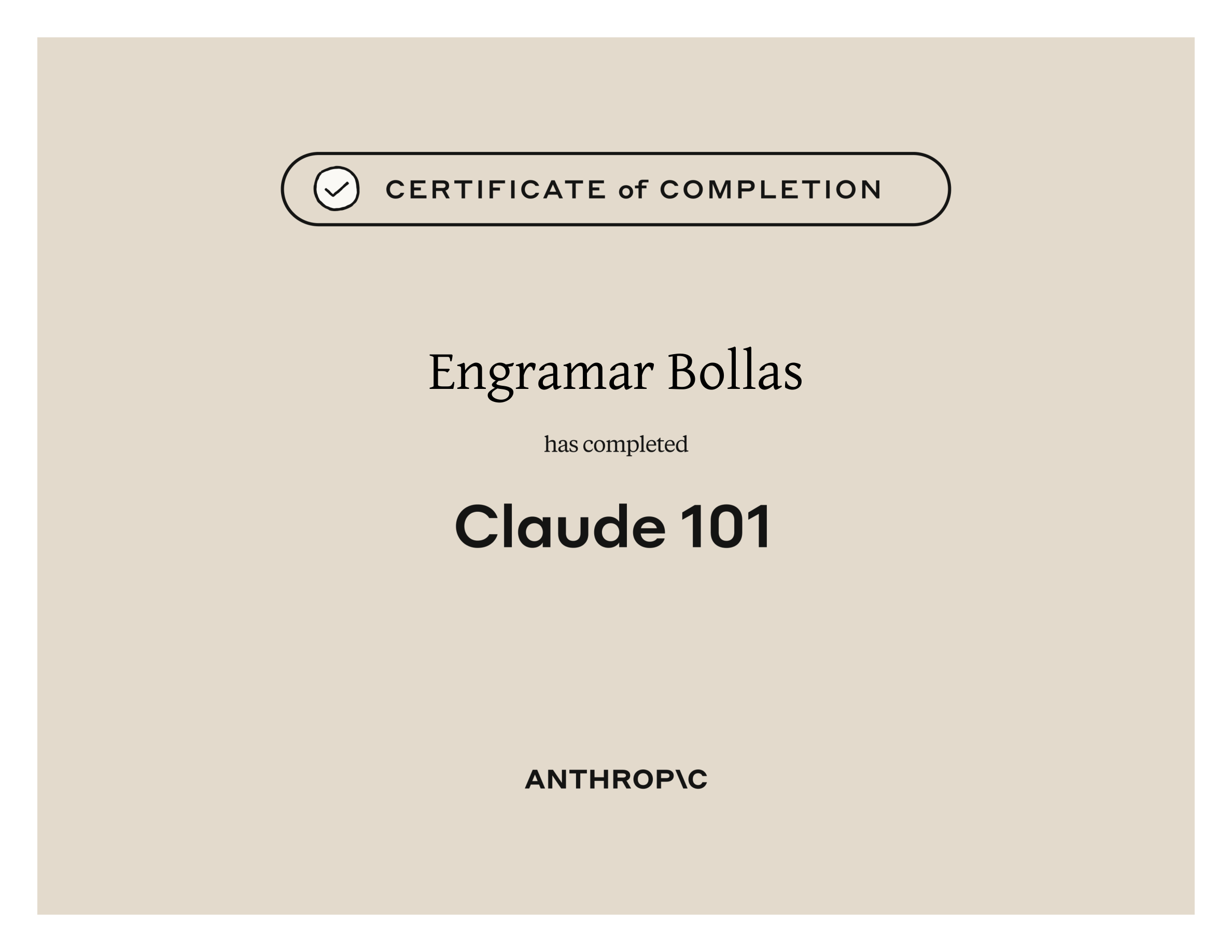 Sample Certificate of Completion for Claude 101 from Anthropic Academy