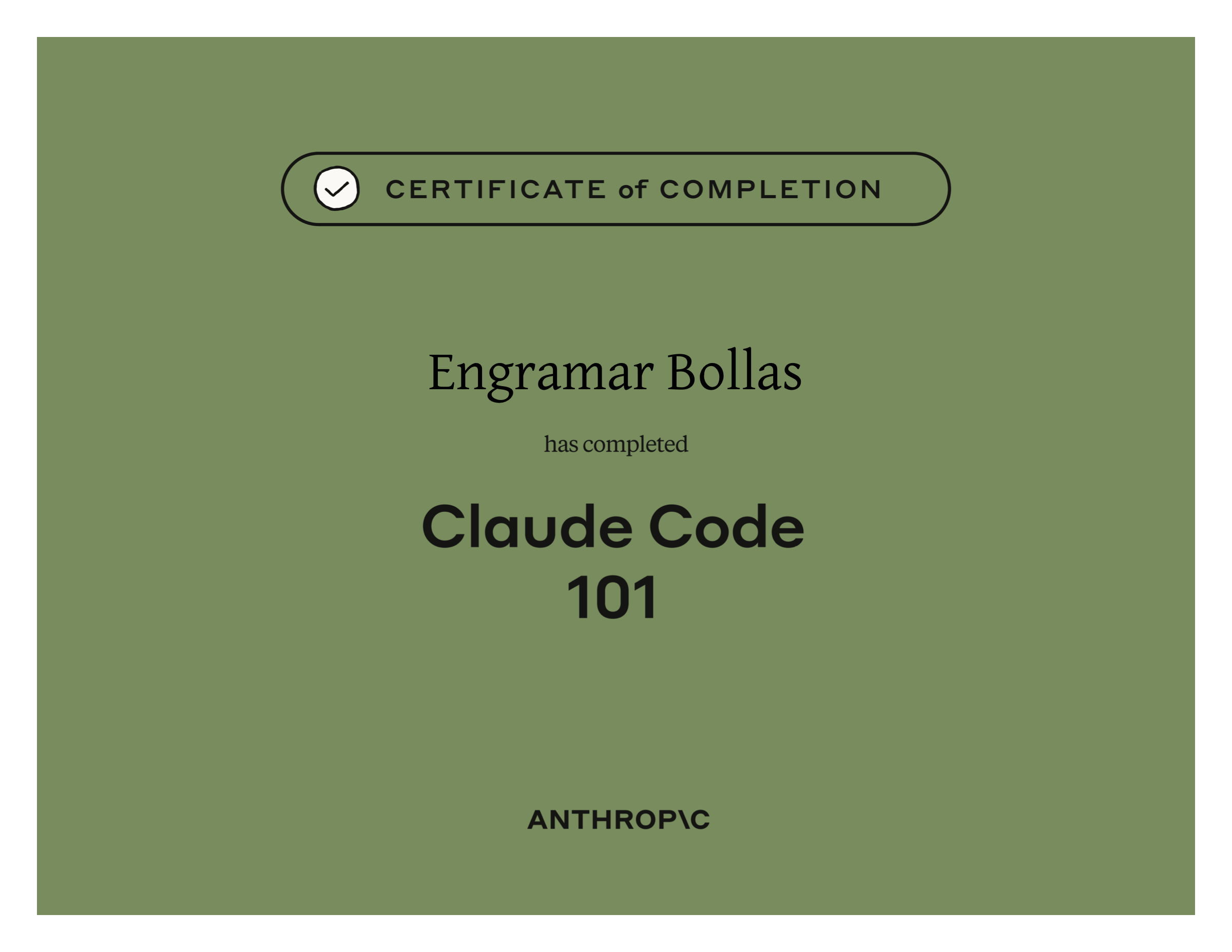 Sample Certificate of Completion for Claude Code 101 from Anthropic Academy
